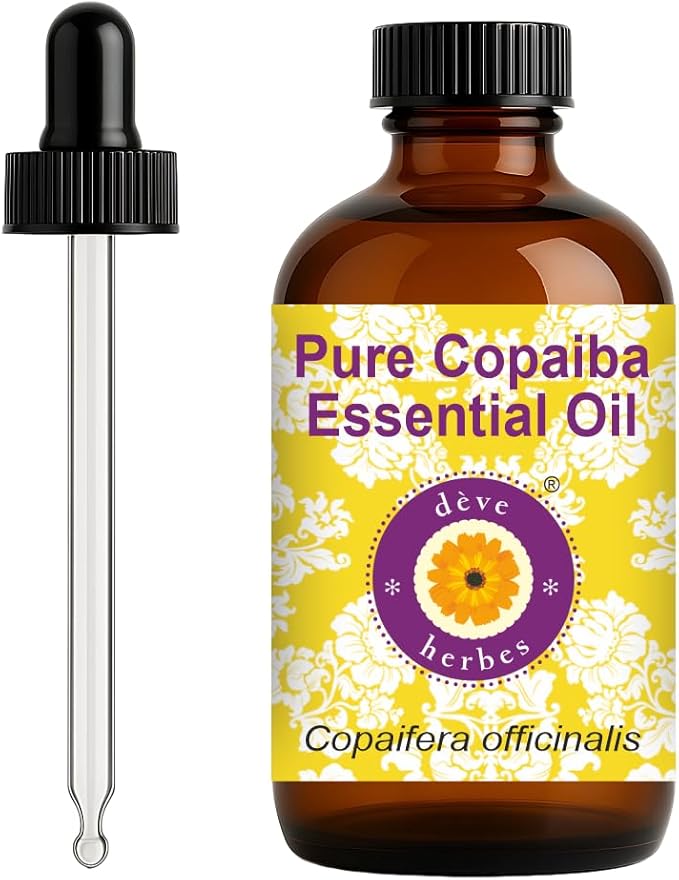 dève herbes Copaiba Essential Oil (Copaifera officinalis) with Glass Dropper | Pure | Non-Sticky | Non-Greasy | Lightweight | Men & Women | All Skin Types | Steam Distilled 120ml (4 oz)