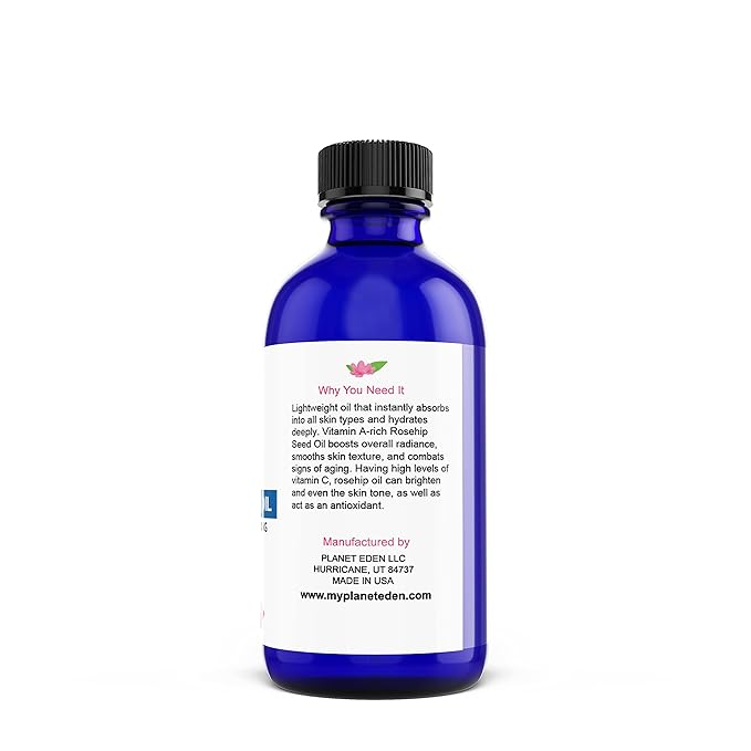 Planet Eden 100% Organic Cold Pressed Pure Rosehip Oil - (2 oz) Sun Damage, Fine Lines, Dry Skin,