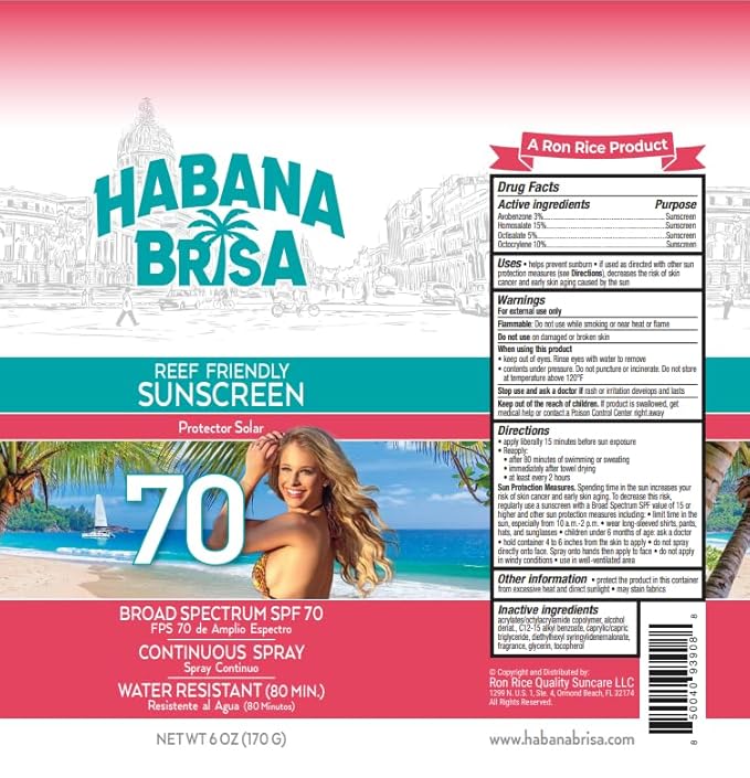 Habana Brisa Reef Friendly Sunscreen Spray SPF 70, Water-Resistant, NON GMO & Vegan, Broad Spectrum SPF 70, NO OXYBENZONE & NO OCTINOXATE, 360 Application, Small-Batch Production, 6 FL OZ