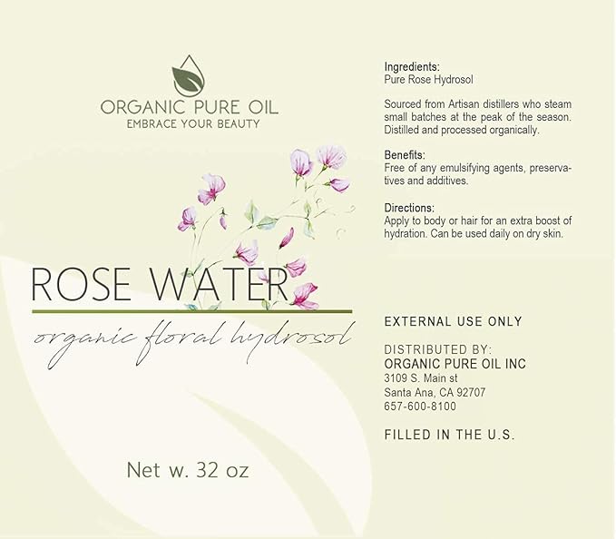 Rose Hydrosol Water, Pure Rosewater Spray Mist Bulk, Hydrating Face Toner Rose Water for Skin and Hair Linen Spray for Sheets Room Freshener Body Spray Refill By Organic Pure Oil, 32 oz