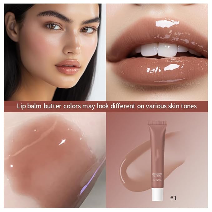 Lip Butter Balm, Hydrating Lip Balm with Sheer Tint, Plumps Moisturizing Hydrating Lip Mask, Vegan Non-Sticky Lip Glowy Balm for Instant Moisture, Shine, & Soothing Lip Care, #3 Ices Coffee