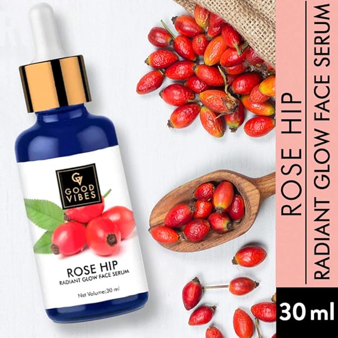 Good Vibes Rosehip Face Serum | Radiant Glow Formula for Clear, Smooth Skin | Hydrating Anti-Aging Facial Serum with Vitamin A & C | No Parabens, No Sulphates | All Skin Types | 1.01 Fl Oz (30ml)