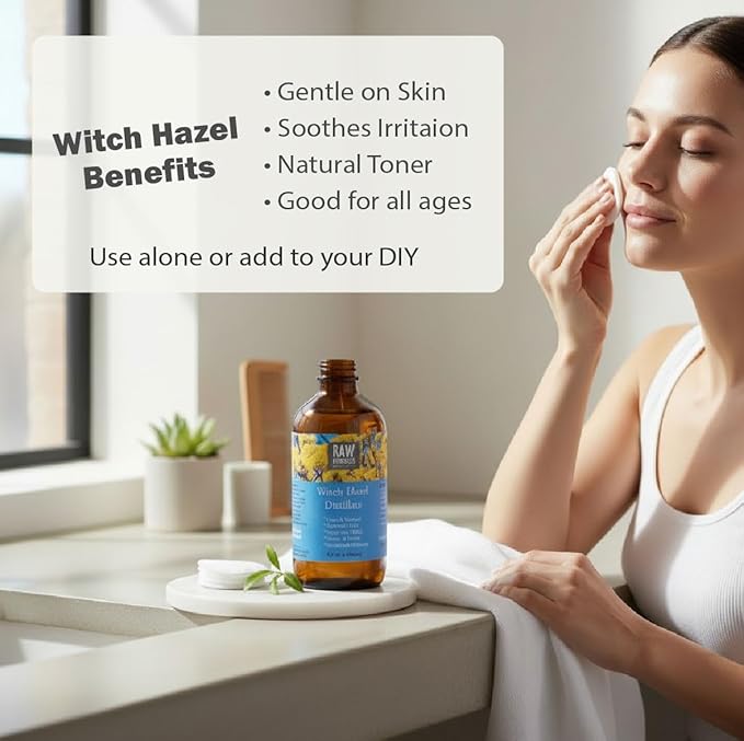 RAW MATERIALS Witch Hazel Distillate, Alcohol-Free, Fragrance-Free, Natural Astringent Toner for Face, Skin Brightening, 8oz Glass Bottle