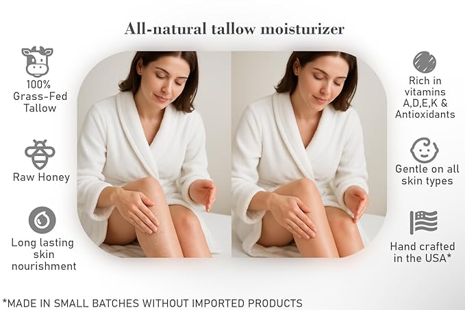 100% Grass-Fed Tallow & Raw Honey Lotion with Olive Oil, Orange & Vanilla Essential Oils