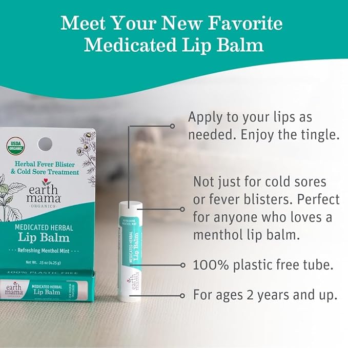Earth Mama Medicated Herbal Lip Balm | Organic Lip Balm with Menthol for Fever Blister & Cold Sore | Refreshing Menthol Mint Lip Care, 0.15 oz (2-Pk)