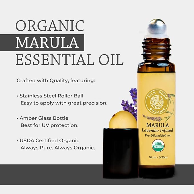 Silk Road Organic Marula Oil & Lavender Essential Oil Roll On, USDA Certified - Deep Hydration for Skin, Nails, Hair, Feet - 10 ml Aromatherapy Roller