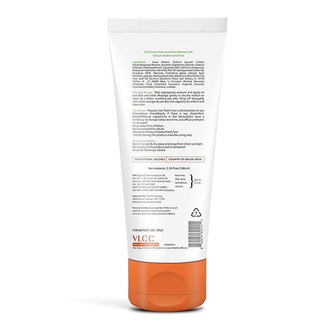 VLCC Acne Serum Face Wash - Facial Cleanser with Salicylic Acid - Gentle Acne Face Wash for Women and Men - Tulsi Extract - 3.38 oz