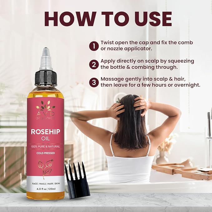 AVD ORGANICS Rosehip Oil for Face 120ml – 100% Pure, Cold-Pressed Huile de Rose Musquée | Rose hip Oil for Face, Skin, Hair, Scalp & Nails | Moisturizing for Daily Use (4.05 fl oz)