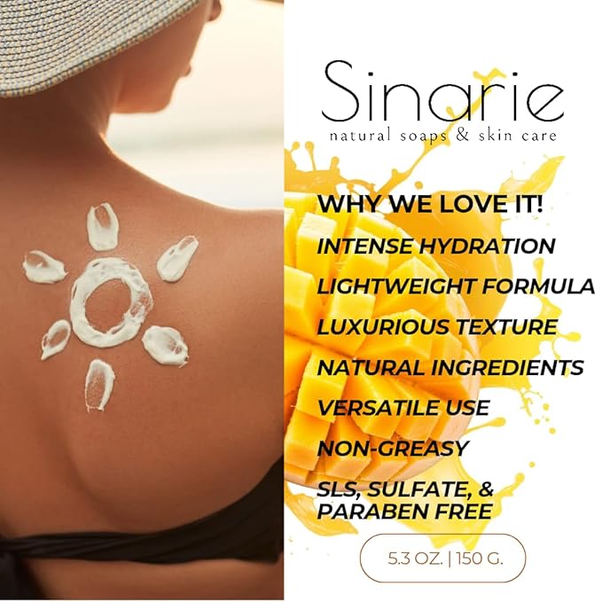 Sinarie Coconut-Free Body Butter | Luxurious Hydration with Shorea Butter, Evening Primrose Oil, Argan & Moringa Oil | Non-Greasy, Natural Ingredients | For Sensitive Skin (5.3 oz., Mango Bliss)