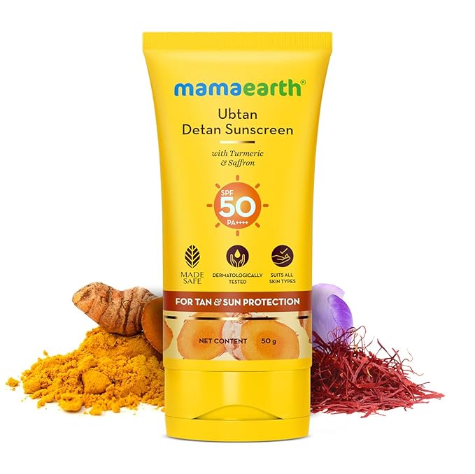 Mamaearth Ubtan Detan Sunscreen with SPF 50 & PA++++ | Broad Spectrum Protection | Helps Reduce Tanning with Turmeric & Saffron | Non-Greasy & Lightweight | 1.76 Oz/50g