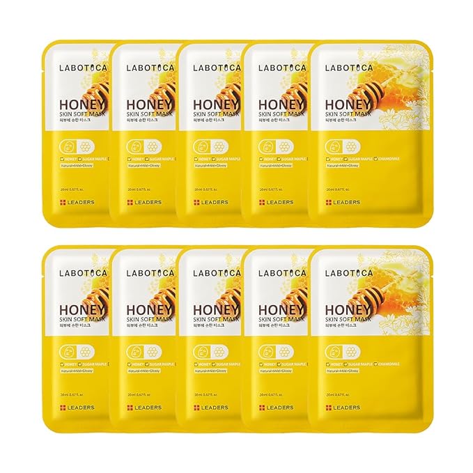 LABOTICA Honey Skin Soft Mask - Deep Hydration Elasticity Boost & Collagen Synthesis for Youthful Skin - Ideal for Dry Skin, Fine Lines, and Acne Care Korean Skincare (10 Sheets)
