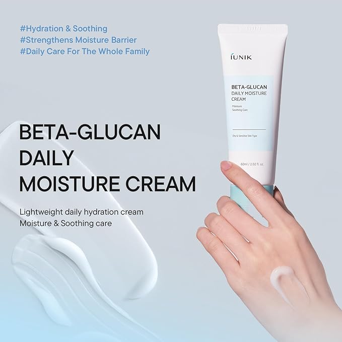 IUNIK Beta-Glucan Daily Moisture Cream – Beta-Glucan & Centella Lightweight Vegan Moisturizer for Deep Hydration & Skin Barrier Care, Korean Skincare for Dry & Sensitive Skin, 60ml / 2.02 fl oz