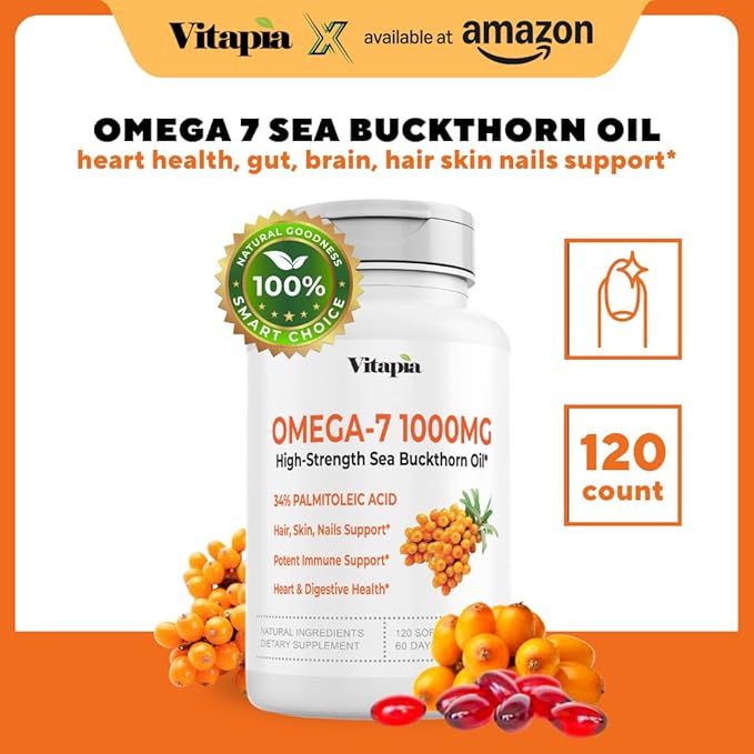 Omega 7 Sea Buckthorn Berry Oil 1000mg for Hair, Skin, Nails, Heart Health Support - 34% Palmitoleic Acid & Natural Omega 3 6 9 Fatty Acids Supplement - 120 Capsules, Non-GMO, Gluten-Free