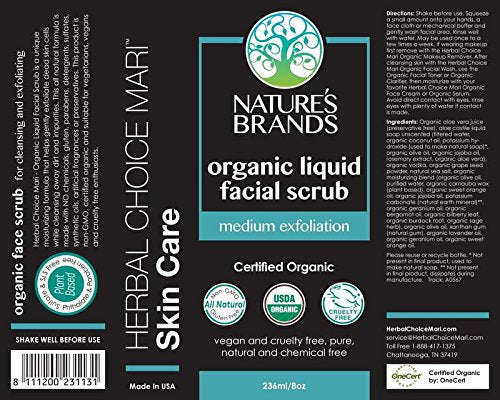 Organic Liquid Facial Scrub (Medium Exfoliation) by Herbal Choice Mari; 8 fl oz BPA-Free Plastic Bottle