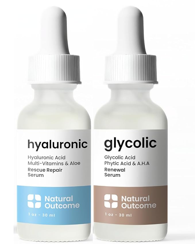 Natural Outcome Hyaluronic Acid and Glycolic Serum - Night and Day Anti Aging Facial Serum and Hydrating Serum Set 1 oz Each, Vegan, Cruelty Free & Fragrance Free