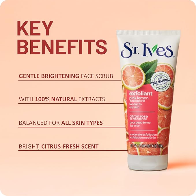 St. Ives Exfoliant Face Scrub 3-Pack – Skin-Brightening Pink Lemon & Mandarin for Glowing Skin, 6 Oz Ea