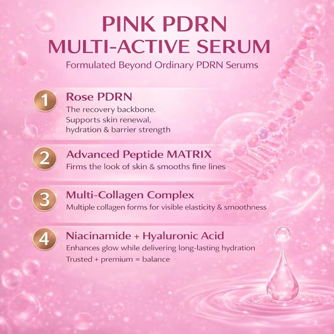 PDRN Serum (Sodium DNA) – 99% Naturally Derived Vegan Korean PDRN Pink Peptide Serum with Multi-Peptide Complex & Hyaluronic— +73.82% Barrier Support, −33% Wrinkle & −39.11% Pore Reduction(1.01 fl oz)