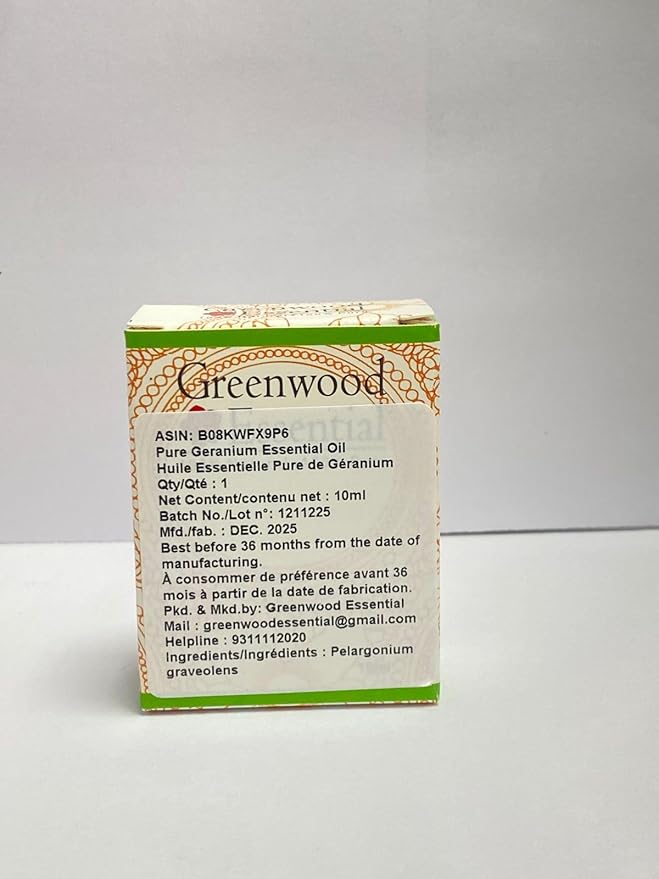 Greenwood Essential Pure Geranium Essential Oil (Pelargonium graveolens) with Glass Dropper Steam Distilled 10ml (0.33 oz)