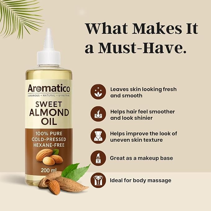 Aromatico Cold Pressed Sweet Almond Oil. Lightweight, Natural Moisturizing Oil for Hair, Skin & Body - 7 fl oz