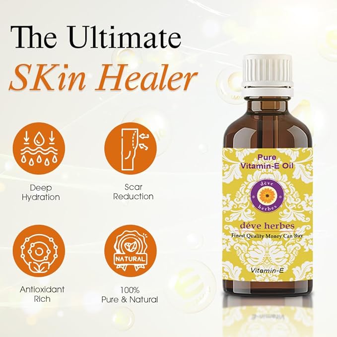 Deve Herbes Vitamin E Oil with Glass Dropper | Infused | Pure | Natutal | Undiluted | for Diluting Essential Oils | for Skin & Massage | Non-Sticky| Lightweight| Men & Women | 30ml (1 oz)