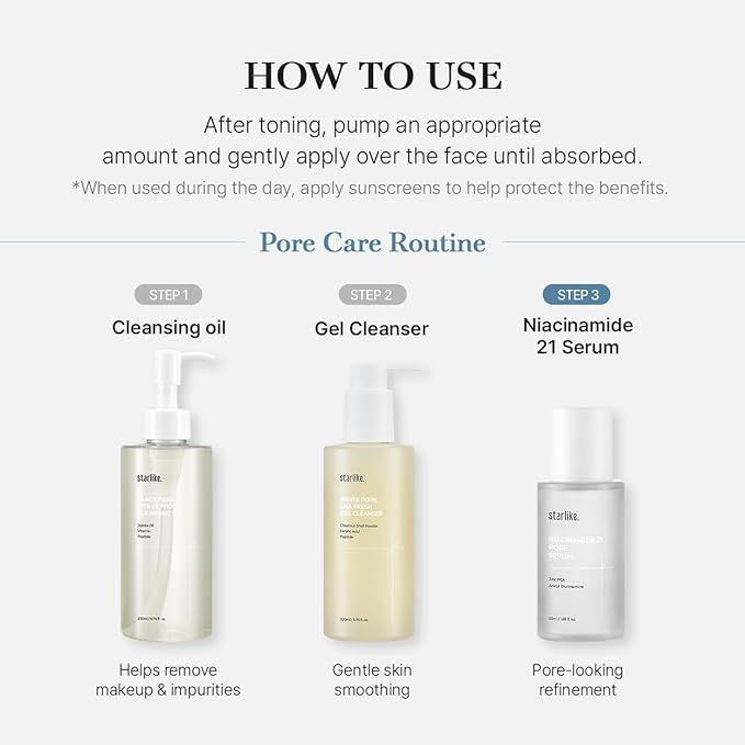 starlike Niacinamide 21% Pore Serum I 1.69 Fl oz (50ml) I Korean Moisturizing & Oil Balancing Facial Serum I Soothing, Lightweight & Fresh Finish I 17 Amino Acids & Hyaluronic I Glowing Skin Care