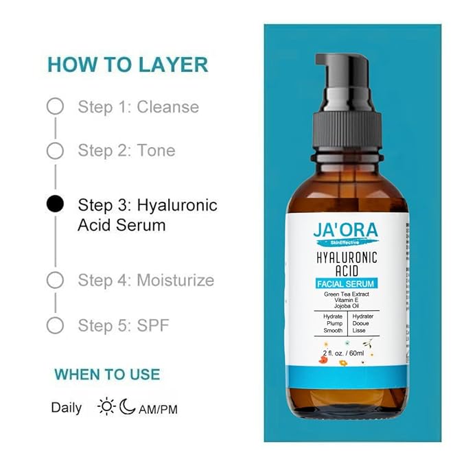 JA'ORA Skin Effective Hyaluronic Acid Serum, 60ML - Anti-Aging with Aloe Vera & Vitamin E, Hydrating, Firming, Brightening for Even Skin Tone & Wrinkle Care
