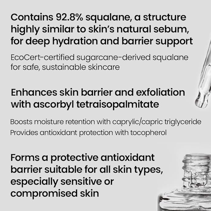 Squalane Barrier Oil, 1.01oz, 30ml, 92.8% sugarcane-derived squalane, Squalane oil for face, Korean Skin Care 1 Pack