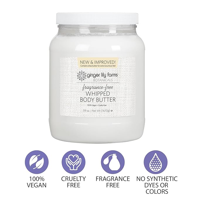 Ginger Lily Farms Botanicals Whipped Body Butter for Dry Skin, Ultra-Hydrating, 100% Vegan & Cruelty-Free, Fragrance-Free, 59 Ounces