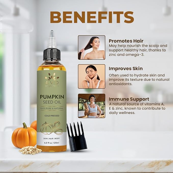 AVD ORGANICS Pumpkin Seed Oil 120ml – 100% Pure Cold-Pressed Pumpkin Oil For Hair, Beard, Face, Skin & Scalp | Moisturising & Conditioning - 4.05 fl oz