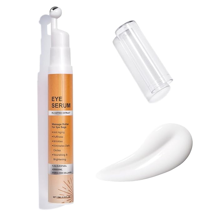 5% Caffeine Eye Serum with 360° Roller,Under Eye Cream for Dark Circles, Puffiness & Puffy Bags, Wrinkles Fine Lines, Eyes Cream for Men and Women 0.51 fl oz