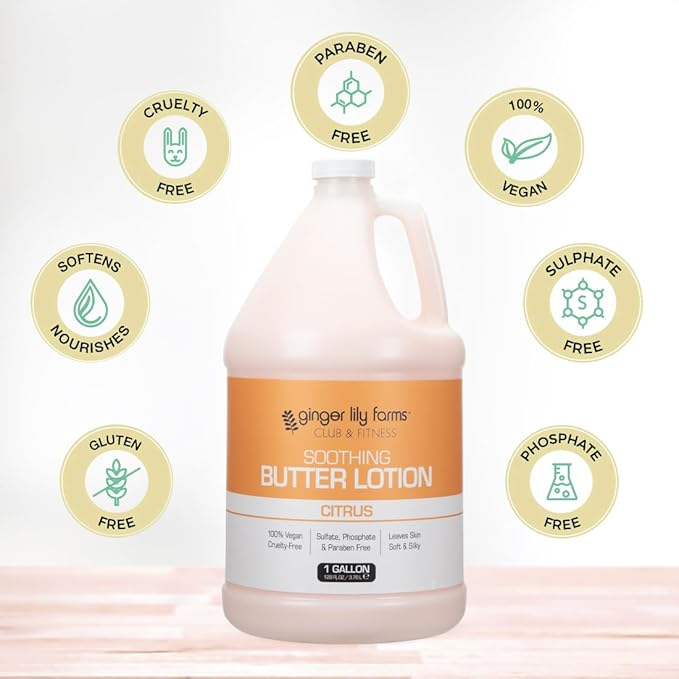 Ginger Lily Farms Club & Fitness Soothing Butter Lotion for Dry Skin, 100% Vegan & Cruelty-Free, Citrus Scent, 1 Gallon (Pack of 4)