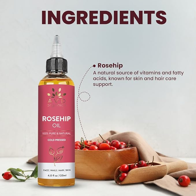 AVD ORGANICS Rosehip Oil for Face 120ml – 100% Pure, Cold-Pressed Huile de Rose Musquée | Rose hip Oil for Face, Skin, Hair, Scalp & Nails | Moisturizing for Daily Use (4.05 fl oz)