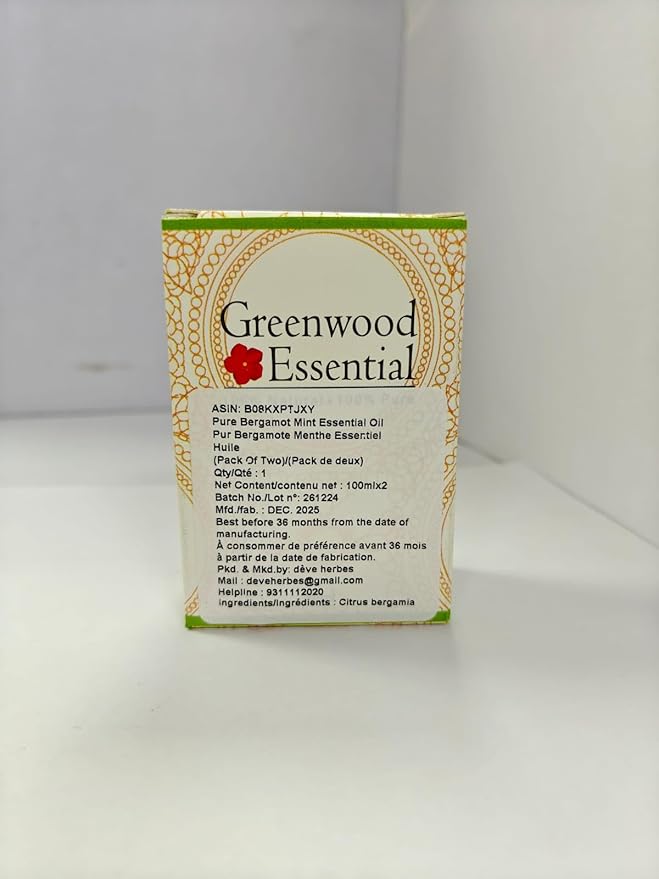Greenwood Essential Pure Bergamot Essential Oil (Citrus bergamia) with Glass Dropper Steam Distilled (Pack of Two) 100ml X 2 (6.76 oz)