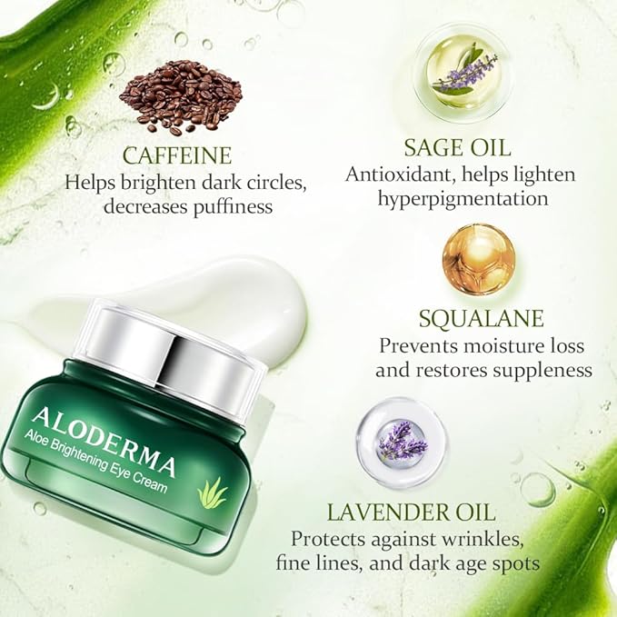 Aloderma Brightening Eye Cream with Organic Aloe Vera - Hydrating Effect for Dark Circles & Puffiness with Caffeine & Sage Oil - Day & Night Eye Care Cream for Puffy Eyes & Fine Lines, 25g/0.9oz