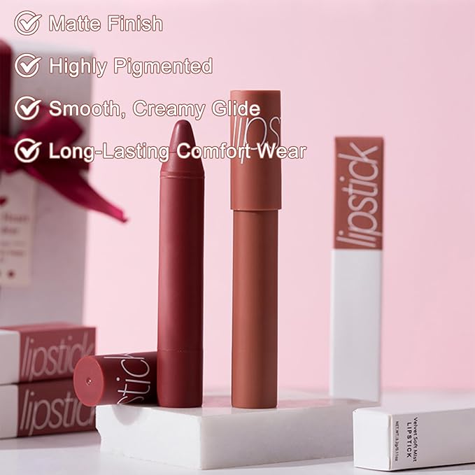 Matte Lipstick Lip Crayon, Rose Pink Long Lasting Lip Stick, Waterproof Velvet Lip Liner Pencil for Women, 24 Hour Neutral Lipstick, C03