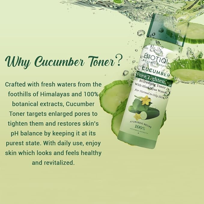 Biotique Bio Cucumber Pore Tightening Toner with Himalayan Waters for Normal to Oily Skin -120 ML/ 4.06Fl.Oz. I Help from Harmful Effects of Sun I Berberis aristata, Cucumis sativus