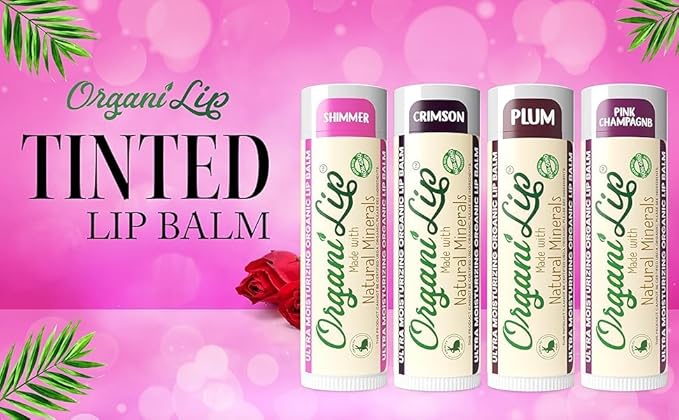 OrganiLip Tinted Lip Balm Moisturizer - Natural Moisturizer for Cracked & Dry Lips - All-Day Ultra Moisturizing Lip Care for Kids and Adults - Shimmer, Pink Champagne, Crimson, Plum Colors - 4 Pack