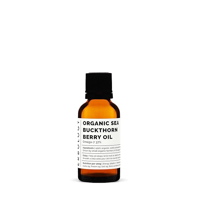 100% Organic Sea Buckthorn Oil 1 fl oz - Cold-Pressed 50:1 - Rich in Omega-7 and Beta-carotene - Straight from Farm - Non-GMO - No Additives or Preservatives - Recyclable Glass Bottle