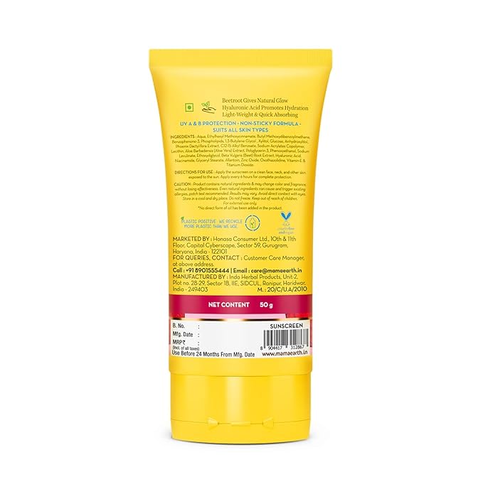 Mamaearth Beetroot Hydraful SPF 50 Sunscreen with PA++++ | Gives Natural Pink Glow with Sun Protection | Deeply Hydrates with Hyaluronic Acid | 1.76 Oz/50g