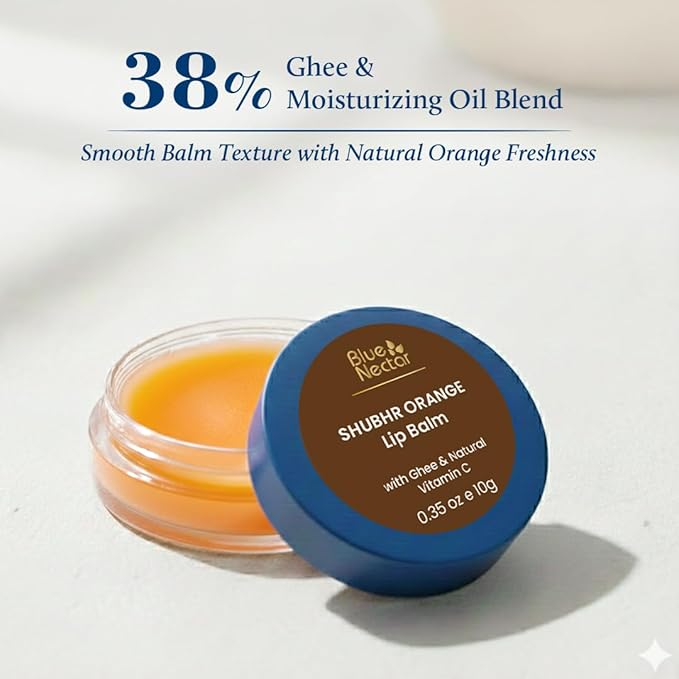 Blue Nectar Ayurvedic Orange Lip Balm with Organic Ghee & Natural Vitamin C for Dry Lips | Moisturizing Lip Gloss with Clean Ingredients (0.35 oz, 10 Herbs)