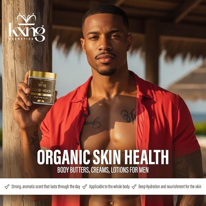 KXNG Cosmetics Organic Shea Body Butter Cream – 4oz | Mens Body Butter for Black Men & Women with Shea, Cocoa, Mango & Coconut Oil | Deep Moisturizing Cream for Dry Skin, Hands & Feet – Good Wood