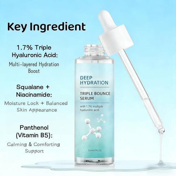 Triple Bounce Hyaluronic Acid Serum 1.7% Multi-Molecular Weight, Lightweight Daily Face Serum for Deep Hydration Plumping Bouncy Skin, Vegan Cruelty-Free Moisturizing Facial Serum 30ml/1 Fl Oz