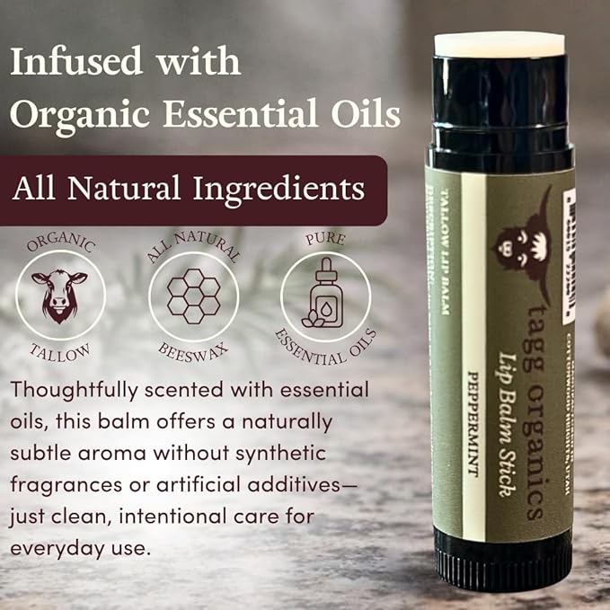 Peppermint Tallow Lip Balm – Moisturizing Lip Care with Grass-Fed Tallow, Natural Beeswax & Essential Oils, 4 Pack (.15 oz)