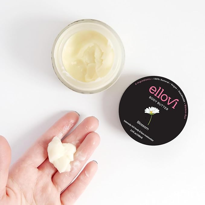Ellovi All-Natural Body Butter - Blossom - Pure Enough to Eat - Made With Just 6 Vegan Ingredients - Ultra-Rich 100% Plant-Based Hydrating Moisturizer For Naturally Healthy Skin (3.4 fl. oz/100ml)