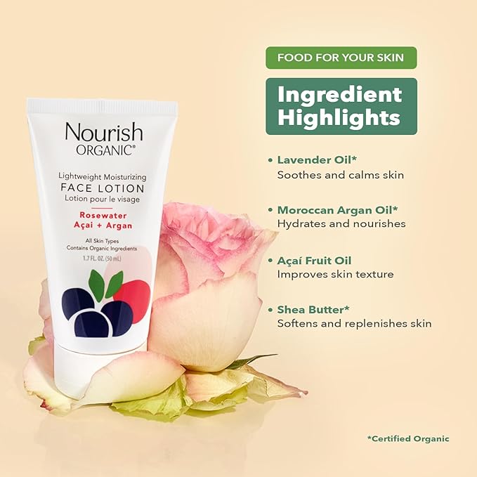 Nourish Organic | Lightweight Moisturizing Face Lotion - Rosewater & Argan | GMO-Free, Cruelty Free, 100% Vegan (1.7 Fl Oz)
