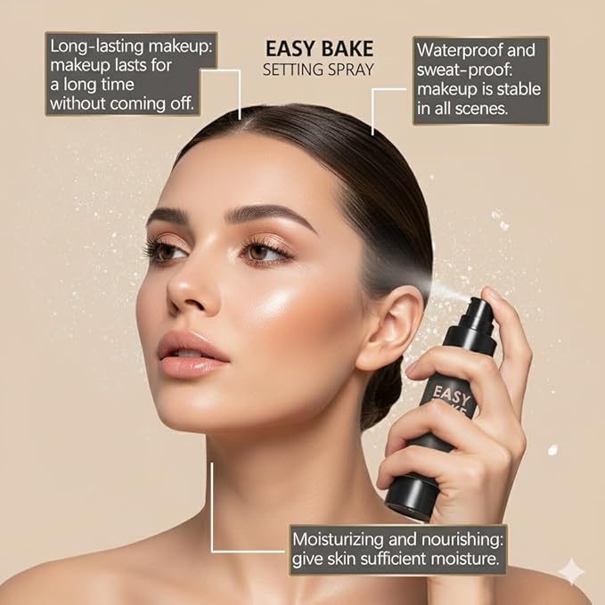 Easy Bake Setting Spray, Waterproof & Oil-Control Pore Smoothing Vegan Skin Care, 16H Long-Lasting, Sweatproof Formula for Matte Finish Makeup Sealant, 100ml