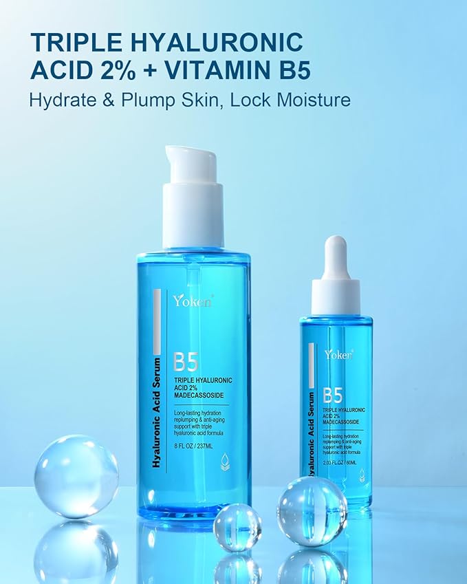 Yoken EWG Verified Hyaluronic Acid Serum for Face 8 + 2 fl oz, Vitamin B5 & Triple Pure Hyaluronic Acid 2%, hydrating Facial Serum for refined texture Hydrating Serum Plump Dry Skin Fragrance-Free