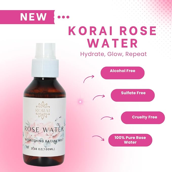 KORAI Facial Rose Water Spray 3.38oz (100 ml) 100% Natural Rose, All Skin Types for Face and Body, Made Without Dyes or Alcohol, Hypoallergenic, Vegan, Cruelty Free