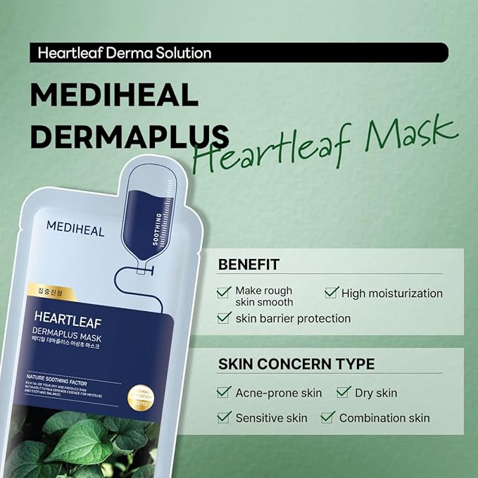 Mediheal Dermaplus Heartleaf Mask (10 Counts) - Daily Vegan Mask for Soothing Skin with Panthenol & Hyaluron, Korean Self Skin Care Sheet Mask