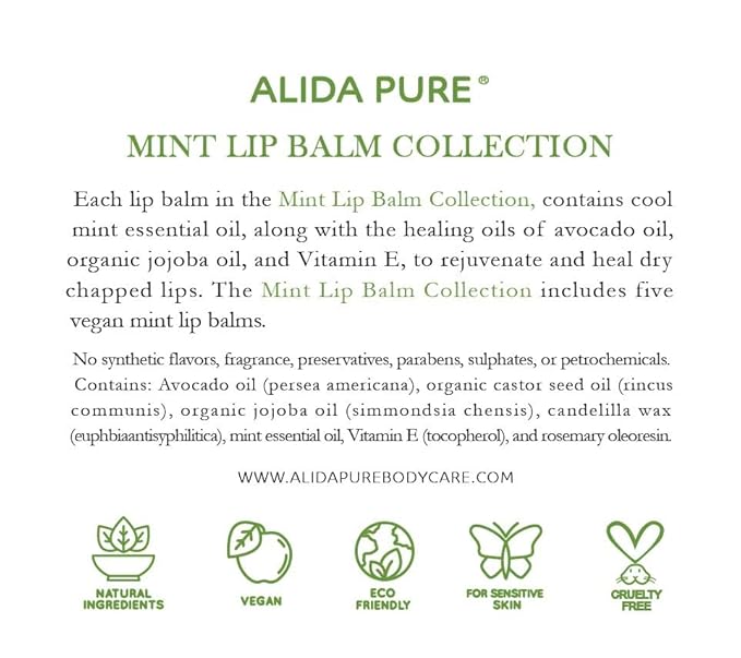 Mint Lip Balm Collection, Vegan Set, Beeswax Free, with Organic Jojoba and Avocado Oil, Vitamin E, Natural Moisturizer for Dry, Chapped Lips, 5 Tube Set